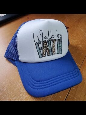 Blue Trucker Hat with "Walk by Faith" Front